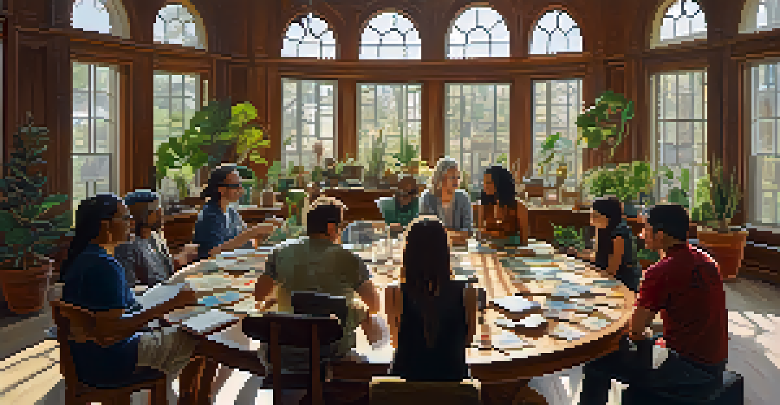 A workshop setting with a circular table and diverse individuals discussing entheogens, surrounded by plants and cultural artifacts.