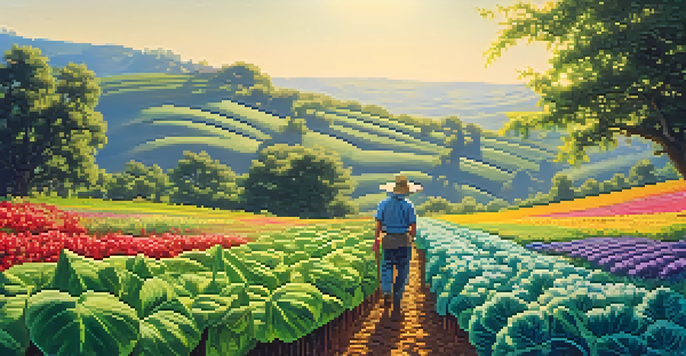A farmer tending to a lush agricultural landscape with diverse crops under a bright blue sky, emphasizing healthy soil and vibrant plants.