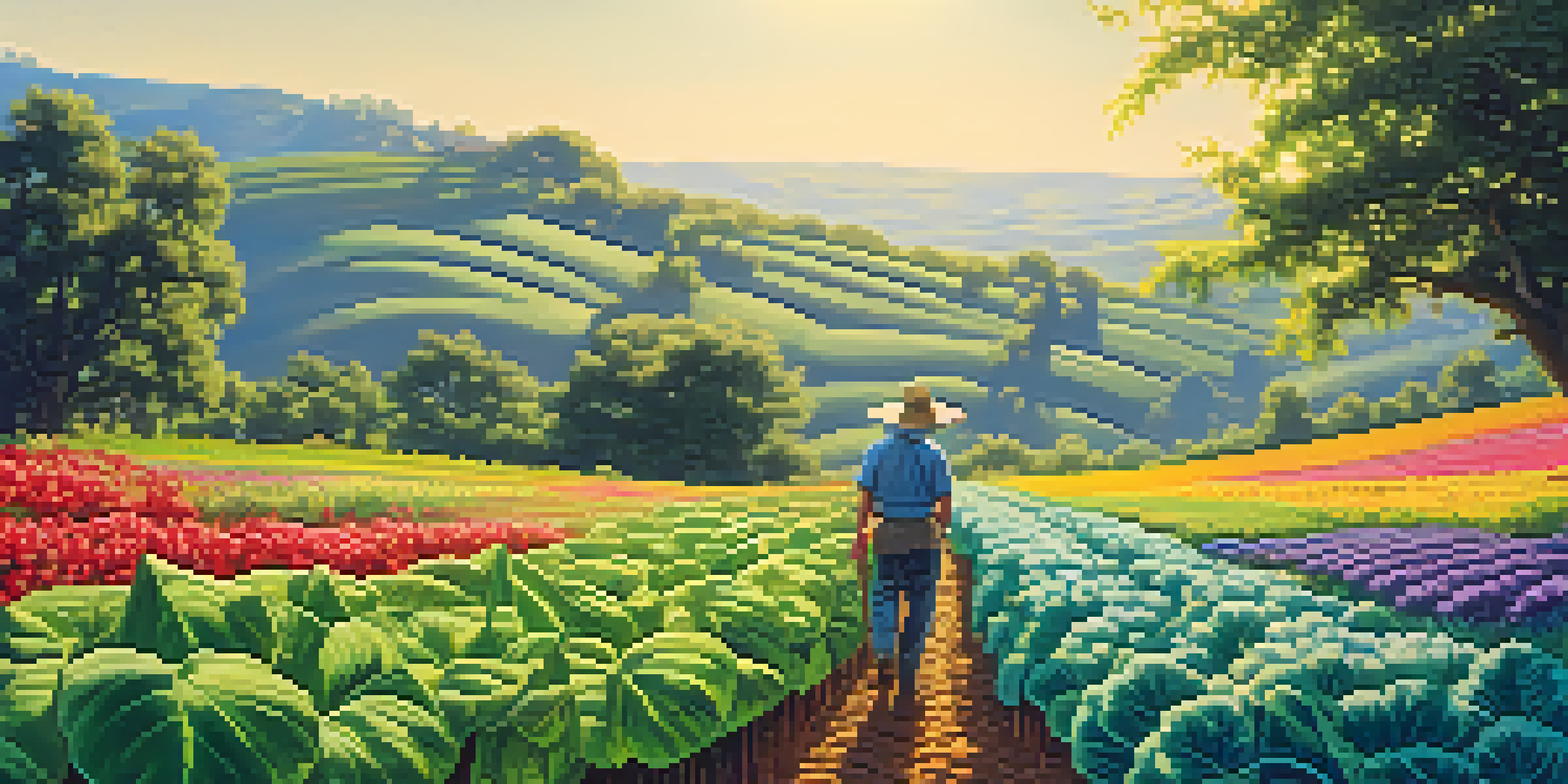 A farmer tending to a lush agricultural landscape with diverse crops under a bright blue sky, emphasizing healthy soil and vibrant plants.