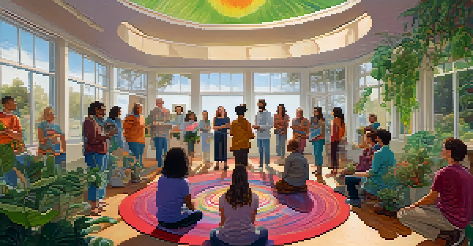 A facilitator standing at the center of a circle, engaging participants in a warmly lit room filled with artwork and plants.