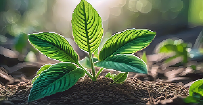 A detailed close-up of a healthy entheogenic plant with green leaves, surrounded by rich soil and soft sunlight.