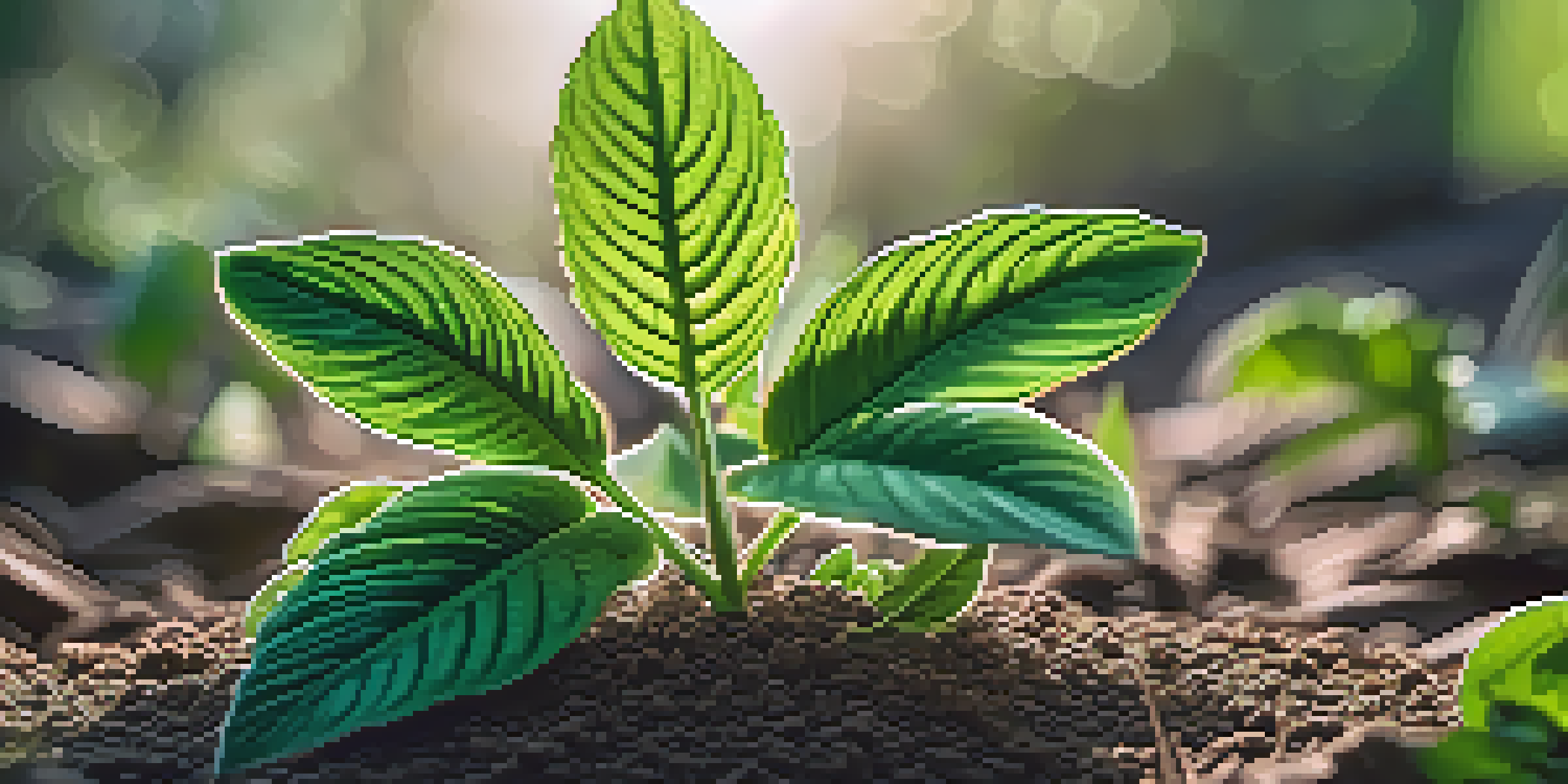 A detailed close-up of a healthy entheogenic plant with green leaves, surrounded by rich soil and soft sunlight.