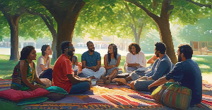 A diverse group of people sitting in a circle outdoors, sharing stories under green trees with sunlight filtering through the leaves.