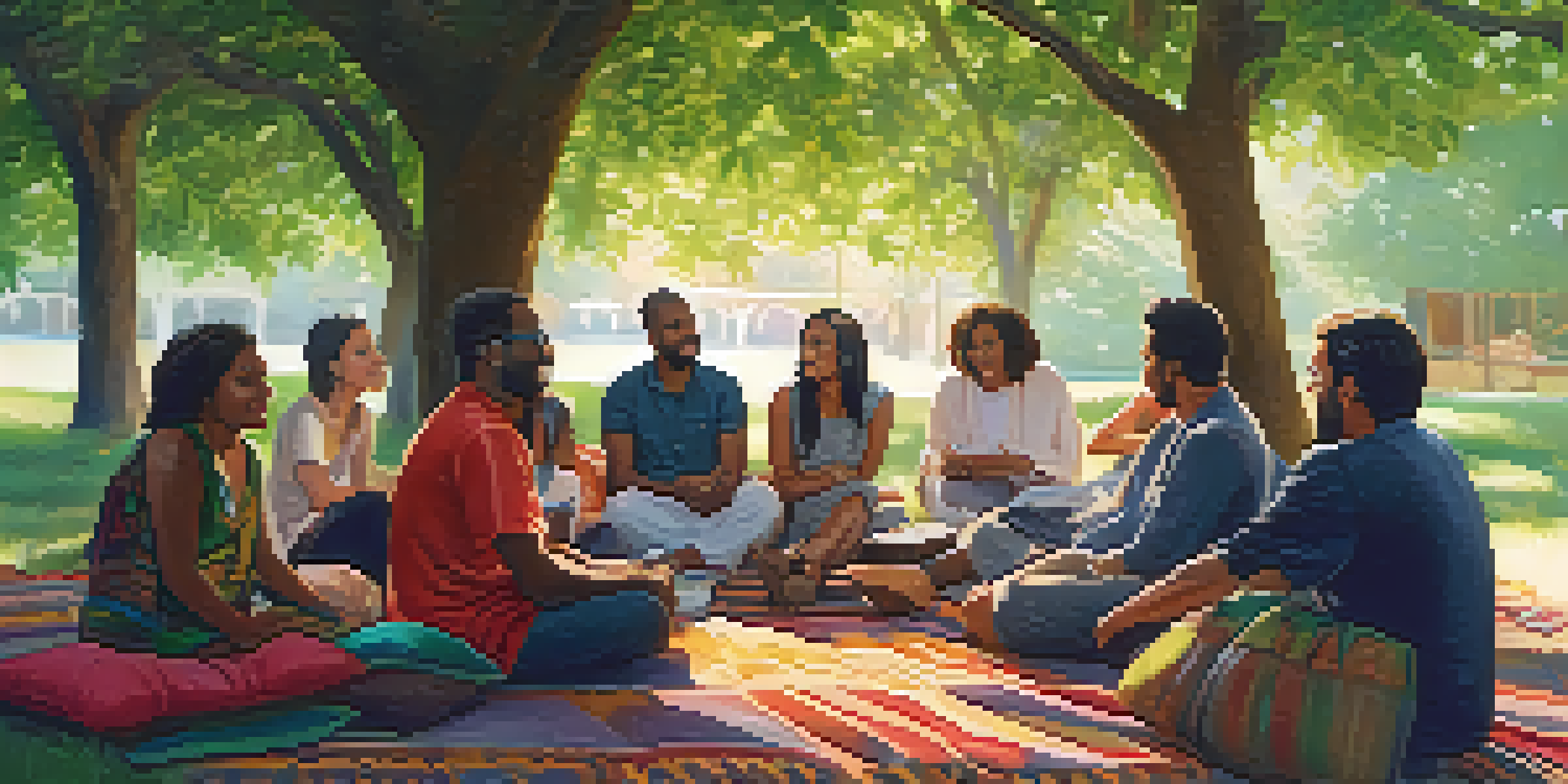 A diverse group of people sitting in a circle outdoors, sharing stories under green trees with sunlight filtering through the leaves.