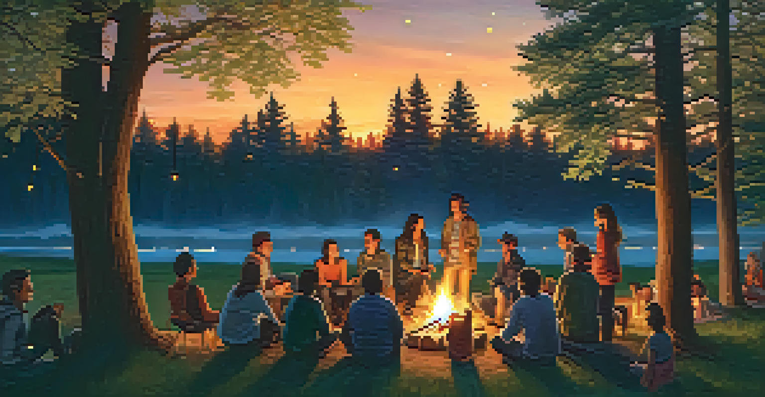 An outdoor gathering at sunset with people around a campfire, sharing stories and smiling, surrounded by trees and a twilight sky.