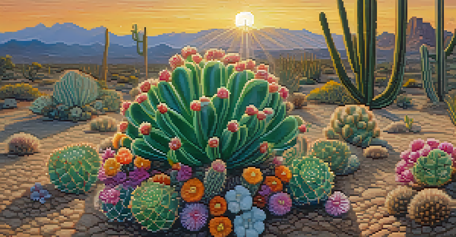 A close-up of a peyote cactus with flowers, set against a warm sunset in a desert background.