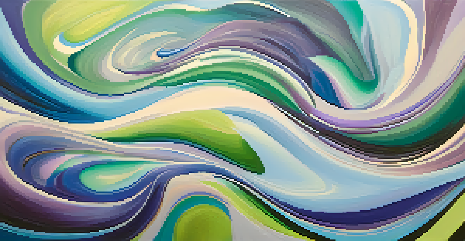 An abstract image with swirling colors and shapes representing emotional release and healing, in calming blues, purples, and greens.