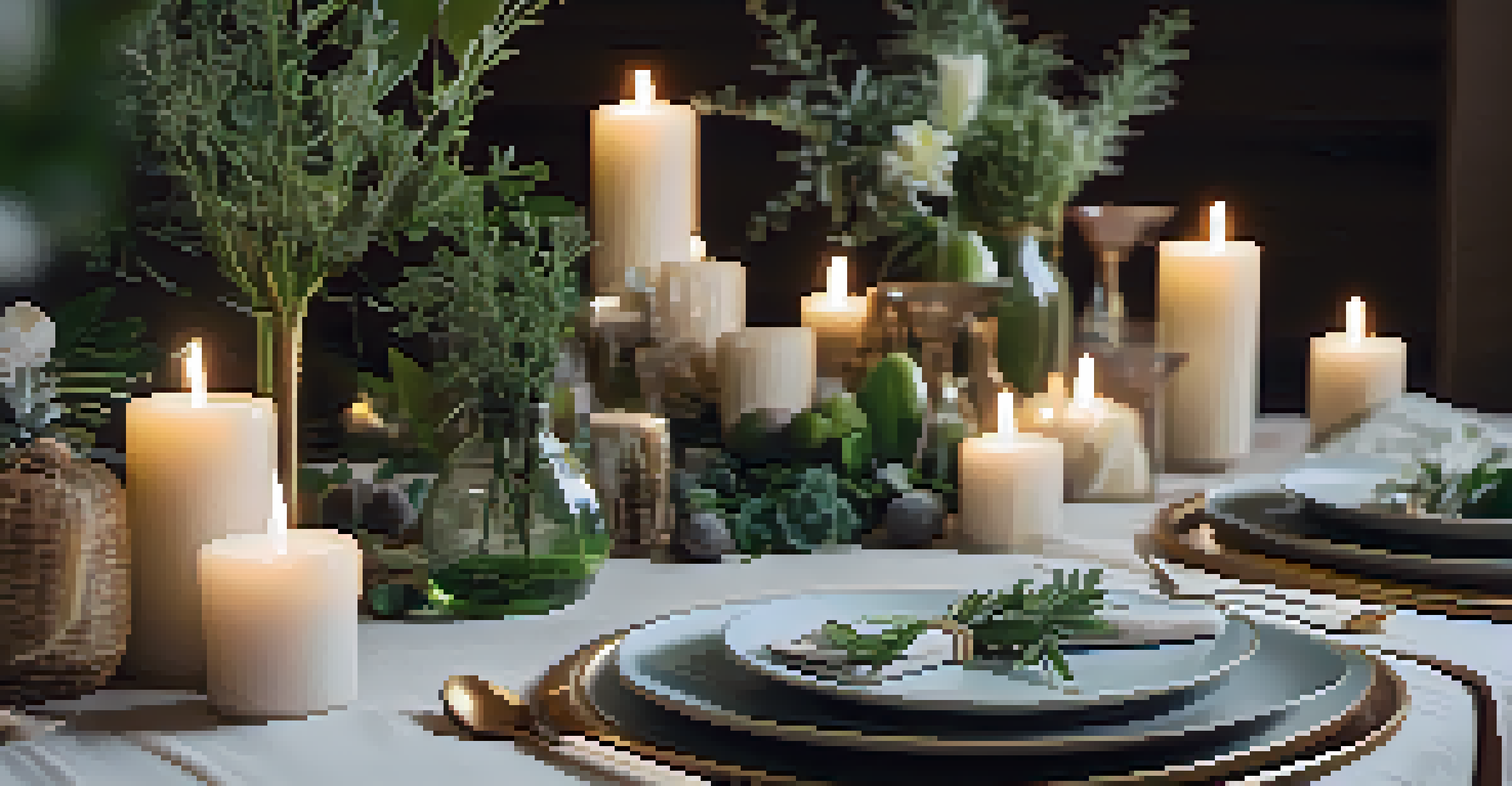 A table set with crystals, herbs, and candles for a wellness retreat ceremony, surrounded by greenery.