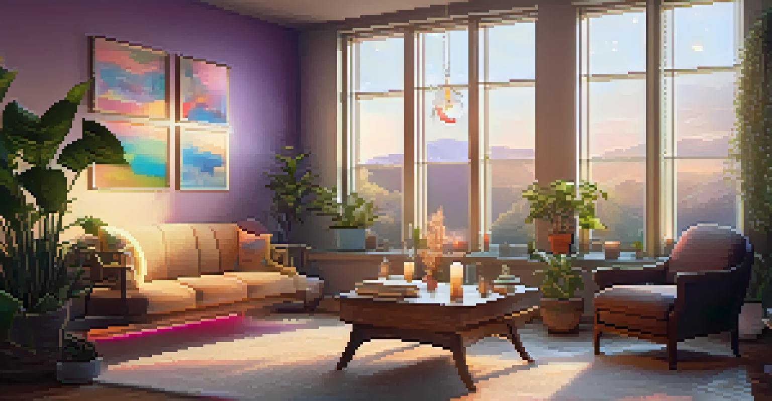 A calming therapy room with soft lighting, comfortable seating, and plants, designed for psychedelic therapy.