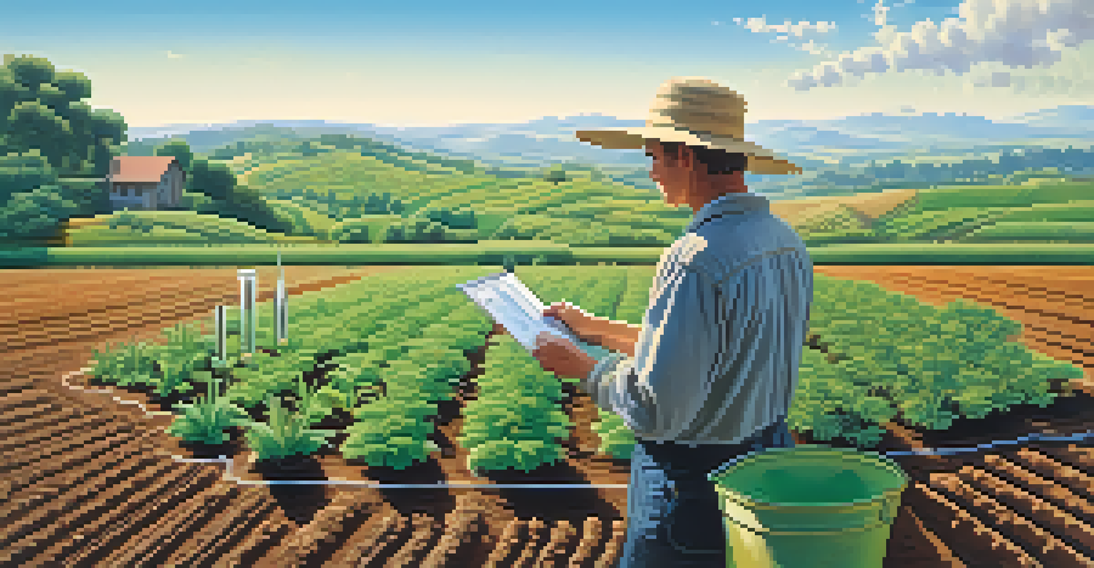Farmer conducting soil tests in a field of healthy entheogenic plants, with a backdrop of blue sky and hills.