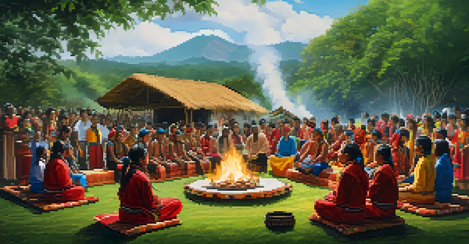 Indigenous people in traditional clothing participating in a colorful spiritual ceremony outdoors.