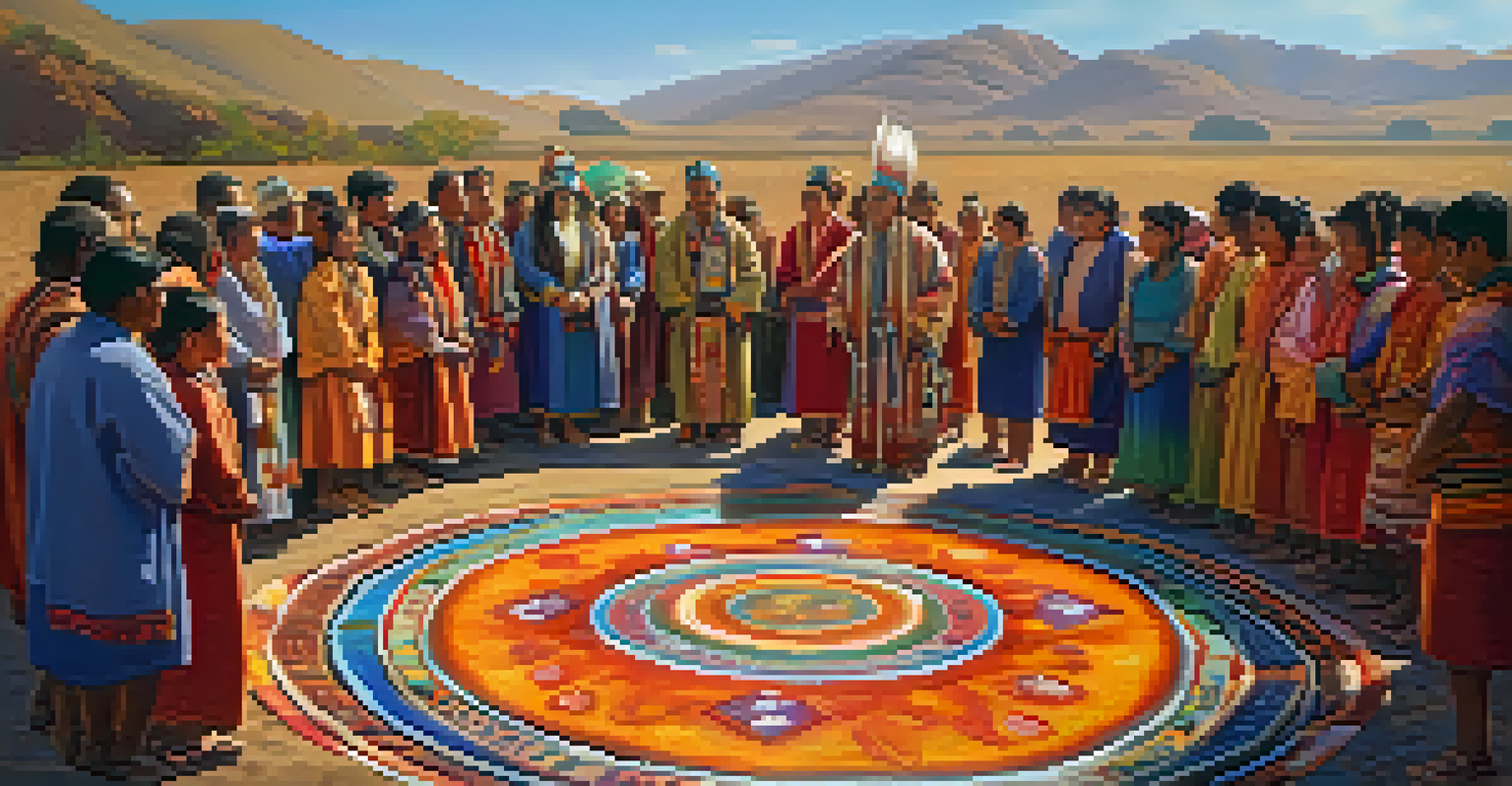 A shaman in traditional clothing leading a spiritual ritual in a colorful sacred circle with participants around.