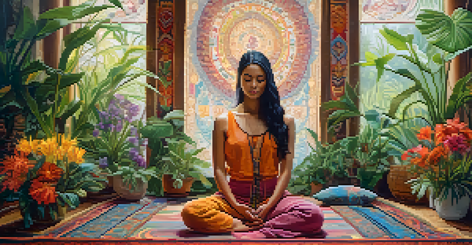 A woman meditating on a tapestry surrounded by plants, with a serene expression and colorful patterns around her.