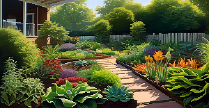 A colorful garden with different entheogenic plants in rich soil, illuminated by sunlight.