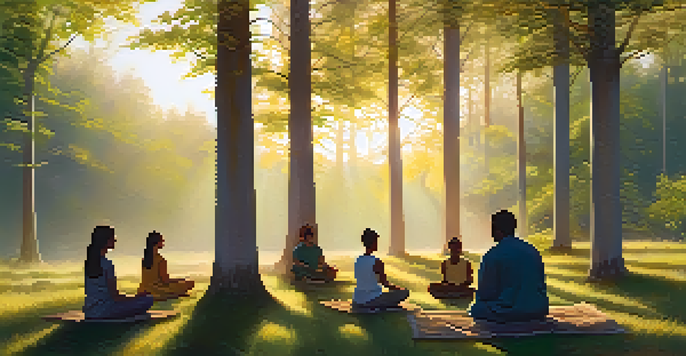 A peaceful forest clearing at dawn with a diverse group of people meditating in a circle on the grass, surrounded by sunlight filtering through the leaves.