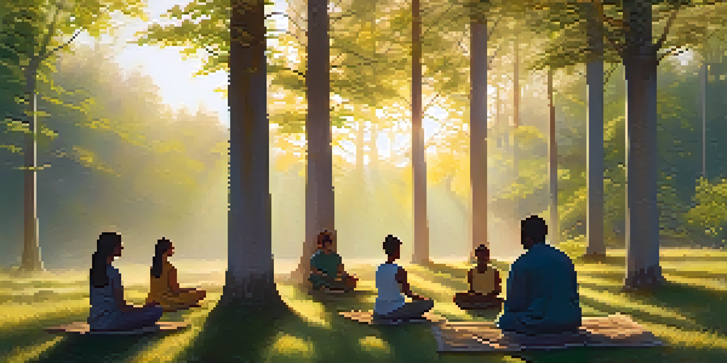 A peaceful forest clearing at dawn with a diverse group of people meditating in a circle on the grass, surrounded by sunlight filtering through the leaves.