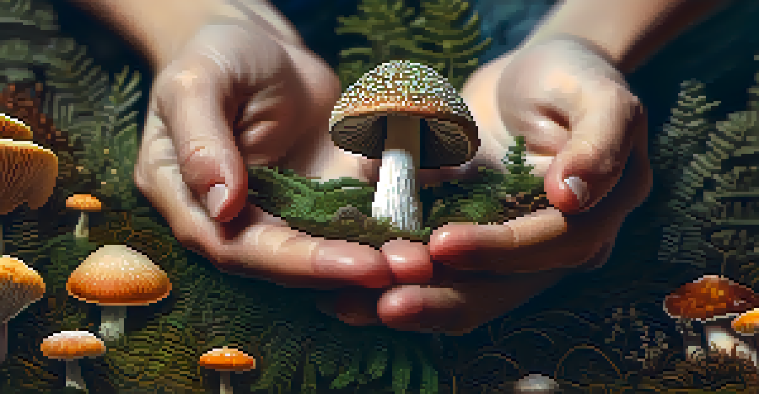 A close-up of hands holding a psilocybin mushroom, highlighting its texture and colors.