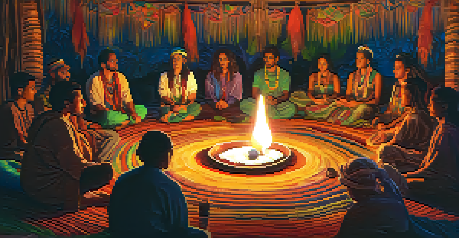 An ayahuasca ceremony with participants sitting in a circle, a shaman leading, and a cozy atmosphere with candles.
