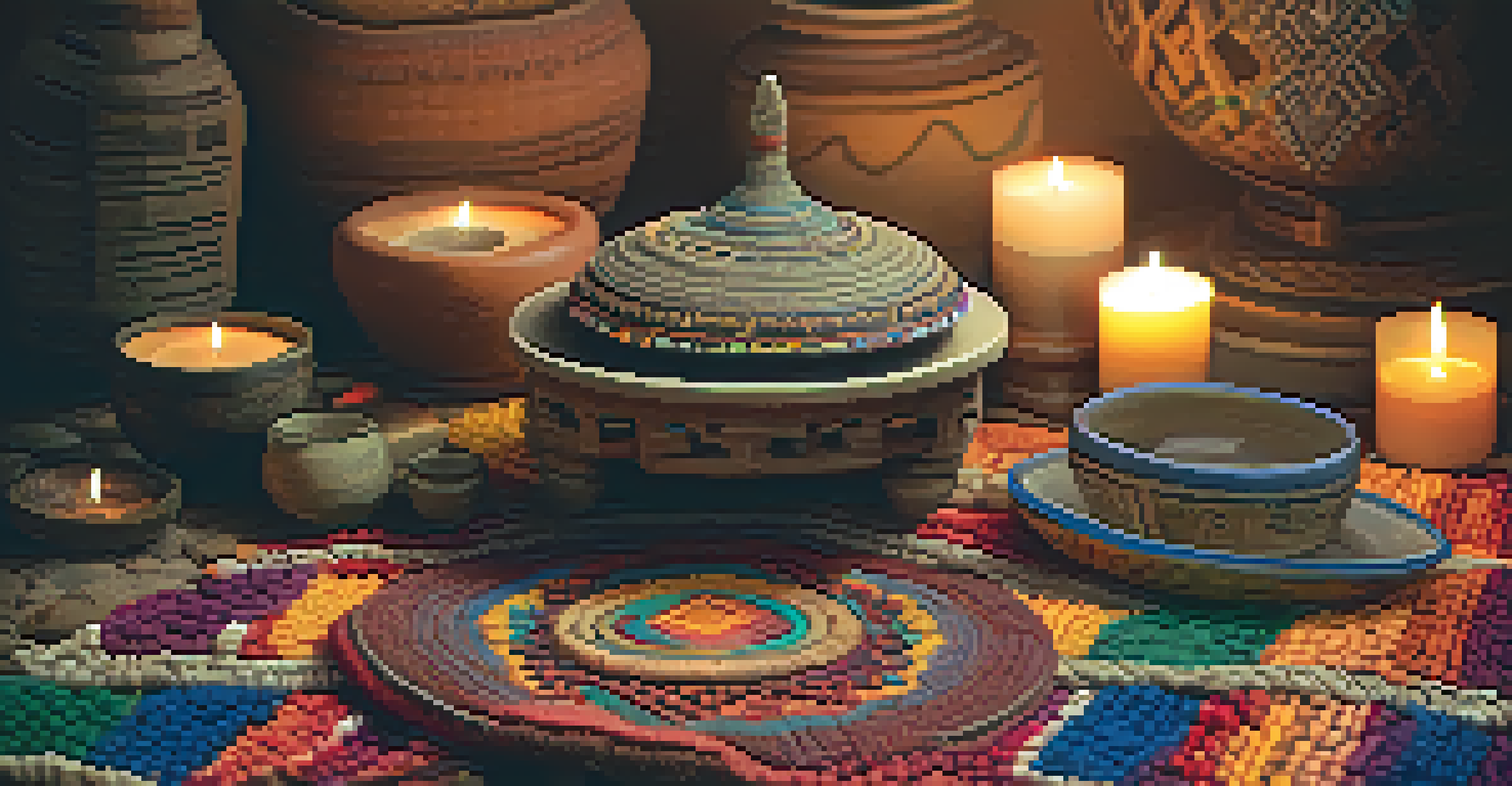 A ceremonial space with a colorful blanket, candles, crystals, and pottery arranged in a warm, inviting light.