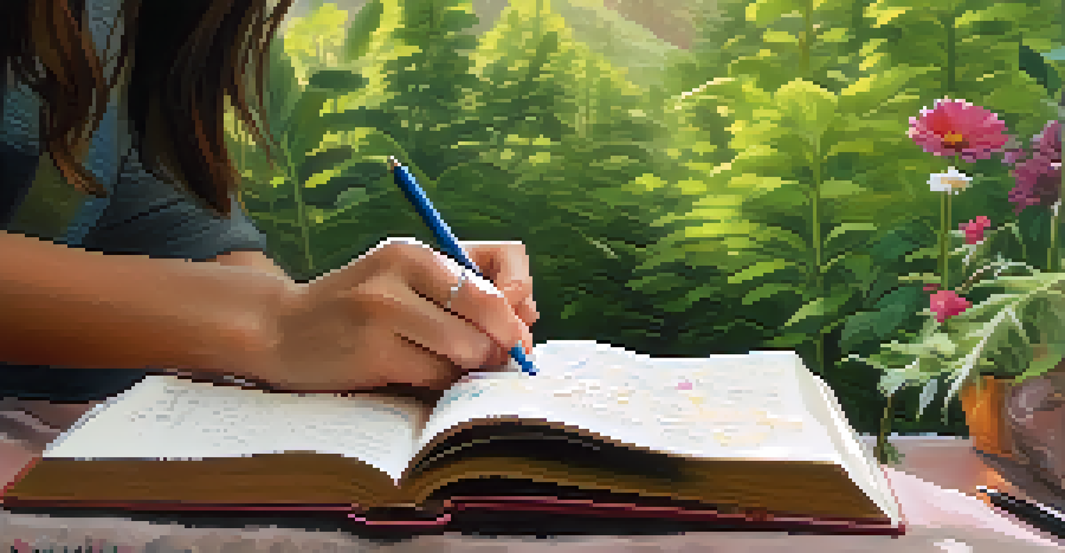 A close-up of hands writing in a journal surrounded by nature, with soft focus on greenery and flowers.