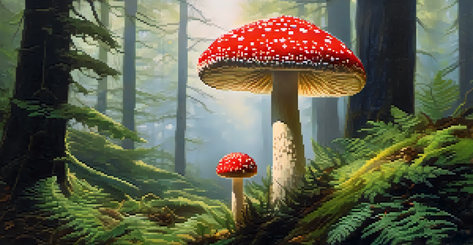 A bright red Amanita muscaria mushroom surrounded by green ferns in a sunlit Siberian forest.