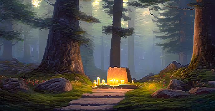 A tranquil forest scene with golden light, an ancient stone altar covered in moss, and vibrant wildflowers.