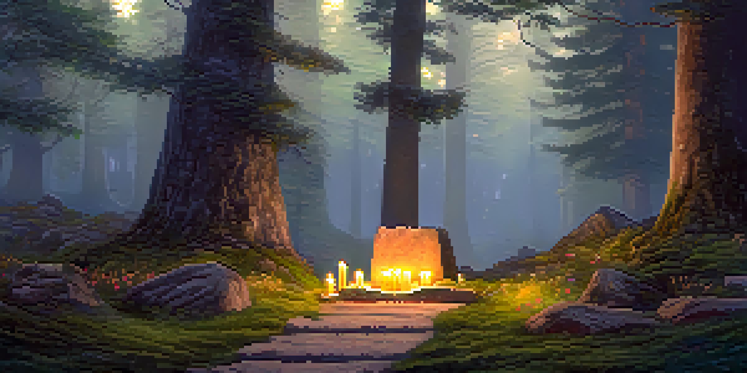 A tranquil forest scene with golden light, an ancient stone altar covered in moss, and vibrant wildflowers.