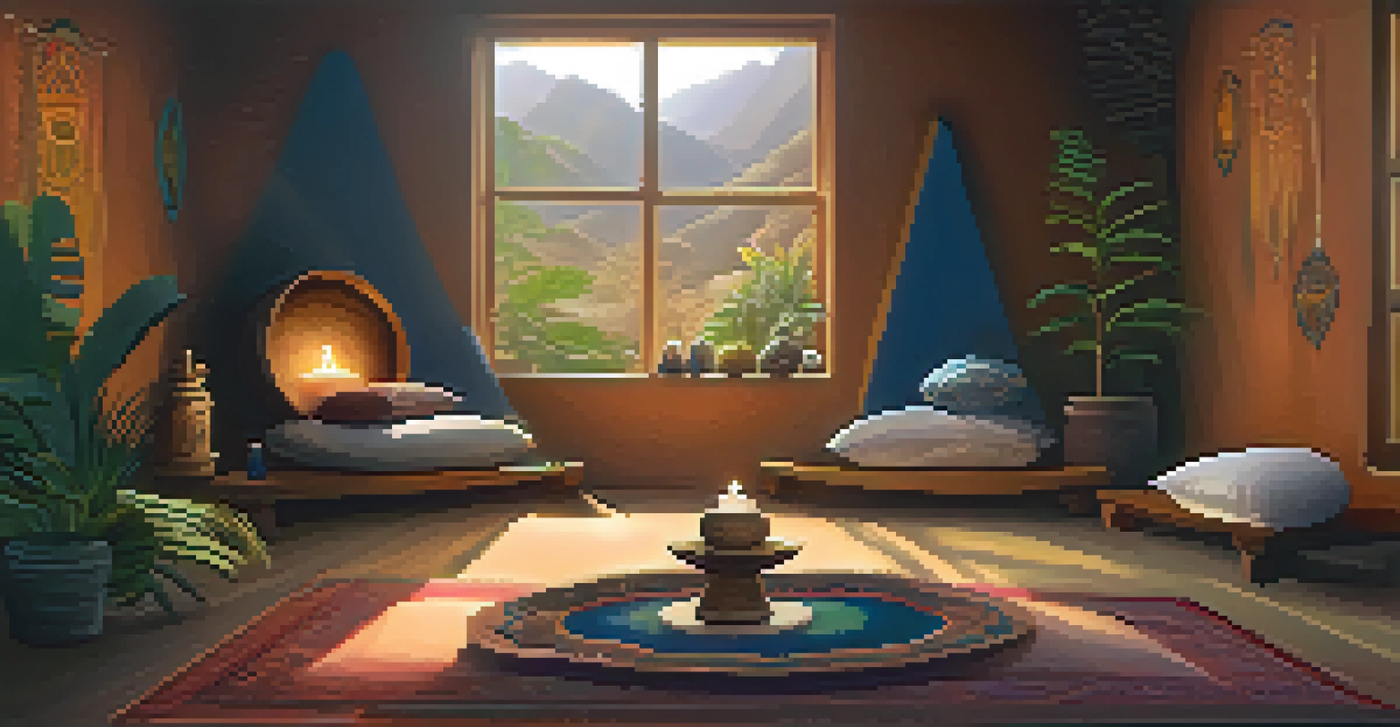 A cozy meditation space with soft pillows, warm lighting, and a table featuring ayahuasca and spiritual artifacts.