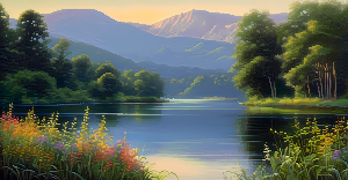 A peaceful lake surrounded by greenery and wildflowers at sunset, reflecting warm colors on the water.