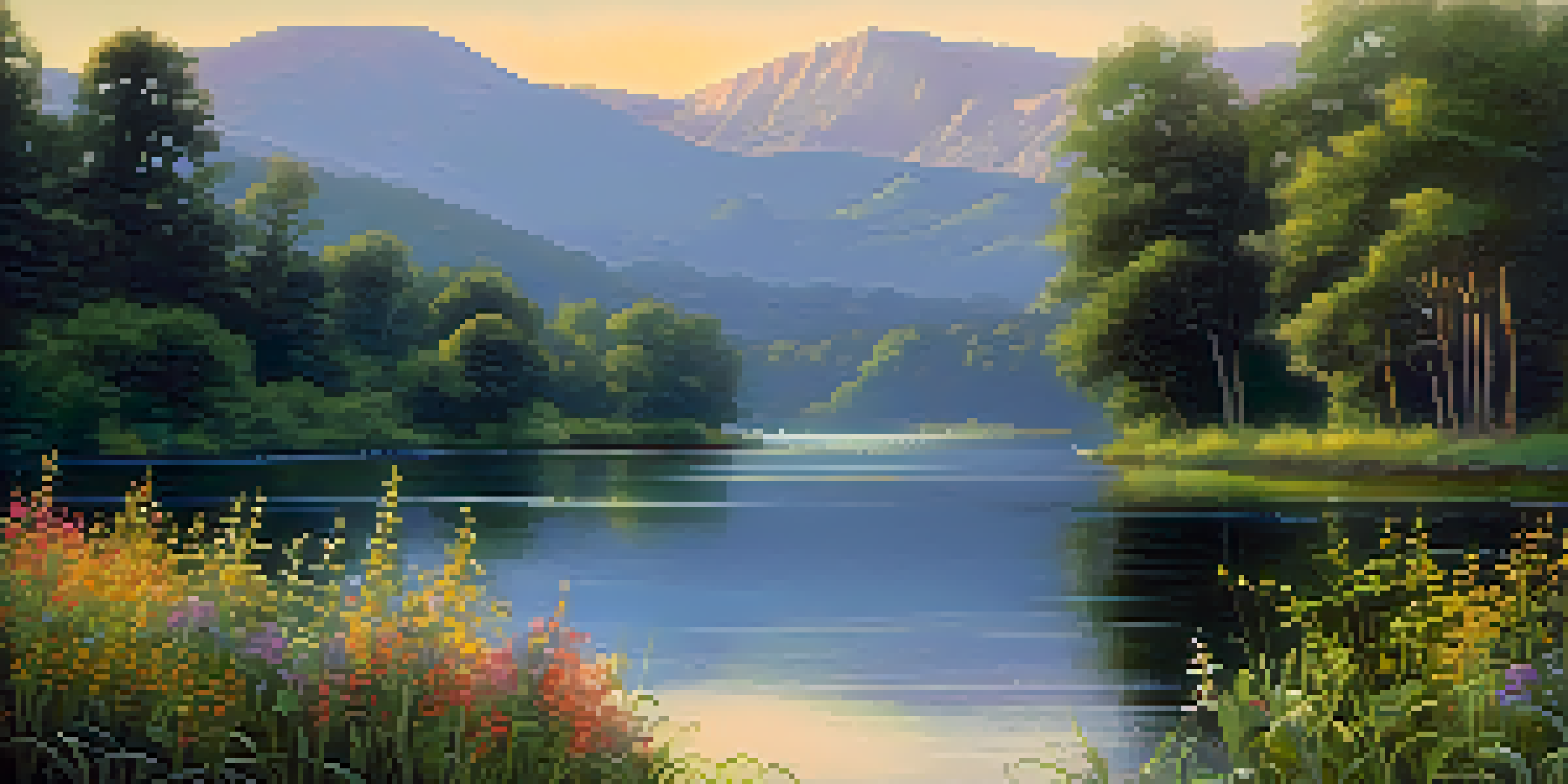 A peaceful lake surrounded by greenery and wildflowers at sunset, reflecting warm colors on the water.