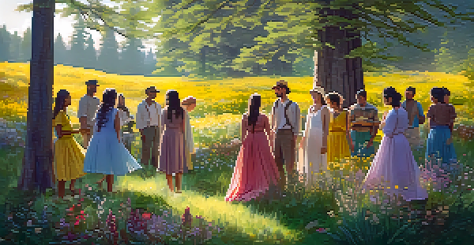 A peaceful gathering of diverse individuals in a forest, participating in a serene ritual surrounded by colorful wildflowers and dappled sunlight.