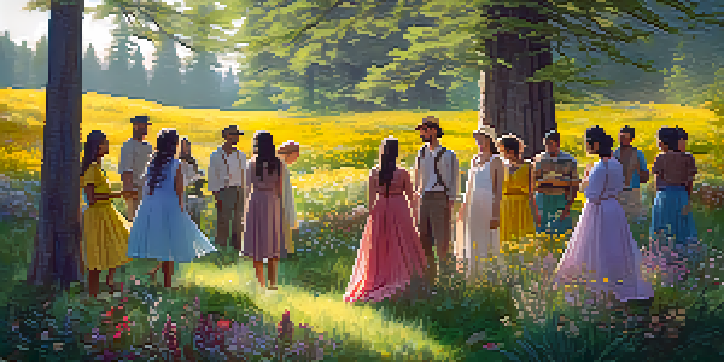 A peaceful gathering of diverse individuals in a forest, participating in a serene ritual surrounded by colorful wildflowers and dappled sunlight.