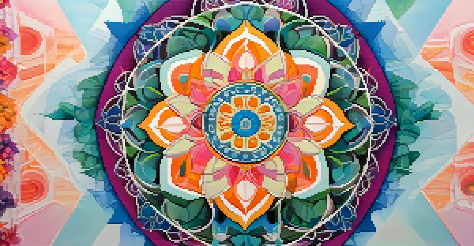 A colorful mandala design featuring natural elements set against a soft pastel background.