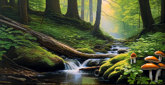 A peaceful forest scene featuring a stream, sunlight through trees, and mushrooms on the forest floor.