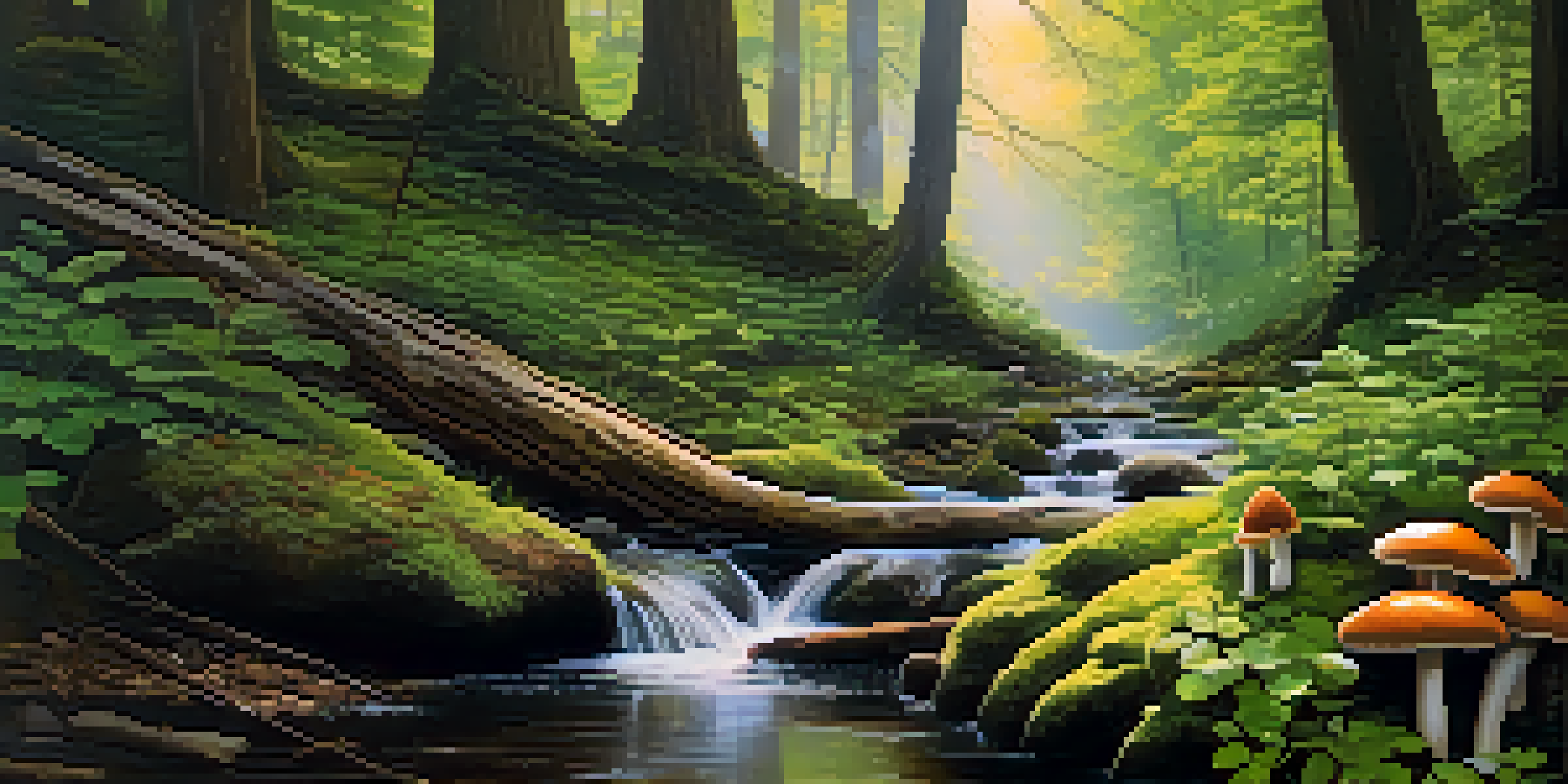 A peaceful forest scene featuring a stream, sunlight through trees, and mushrooms on the forest floor.