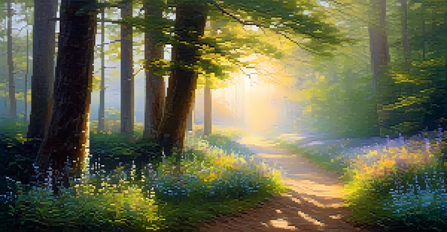 A peaceful forest pathway illuminated by soft morning light, surrounded by colorful wildflowers and misty trees.