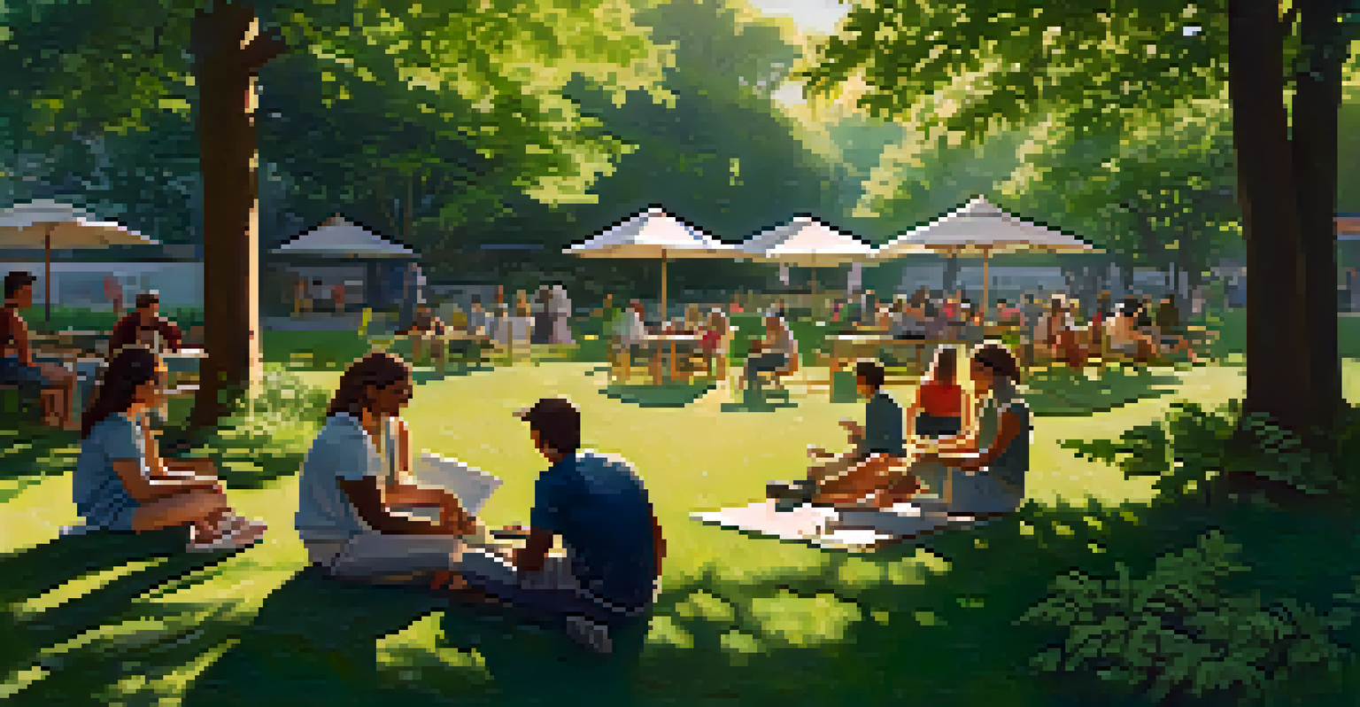 A group of people sitting in a circle on the grass in a green outdoor setting, engaged in discussion.