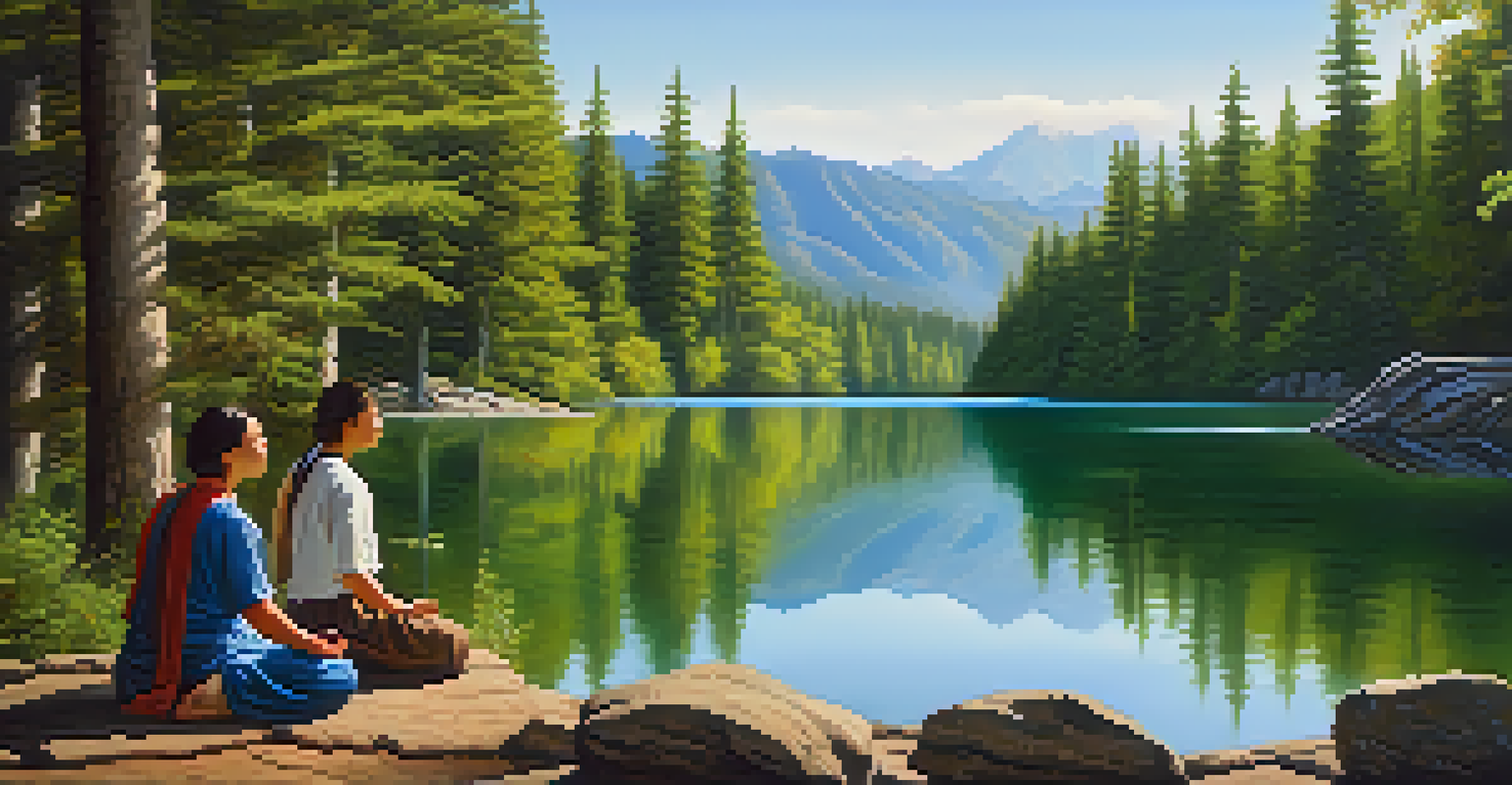A tranquil lake surrounded by forests and mountains, with people meditating in the foreground, symbolizing spiritual exploration.