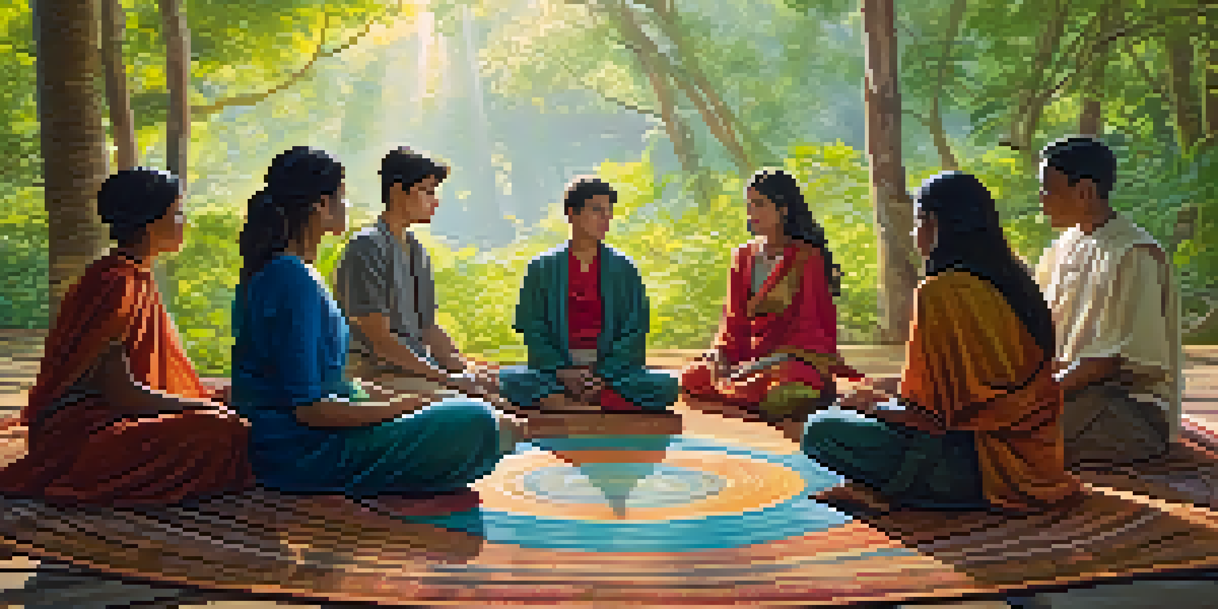 A diverse group of people sitting on colorful mats in a serene forest, participating in a guided ceremony with sunlight filtering through the leaves.