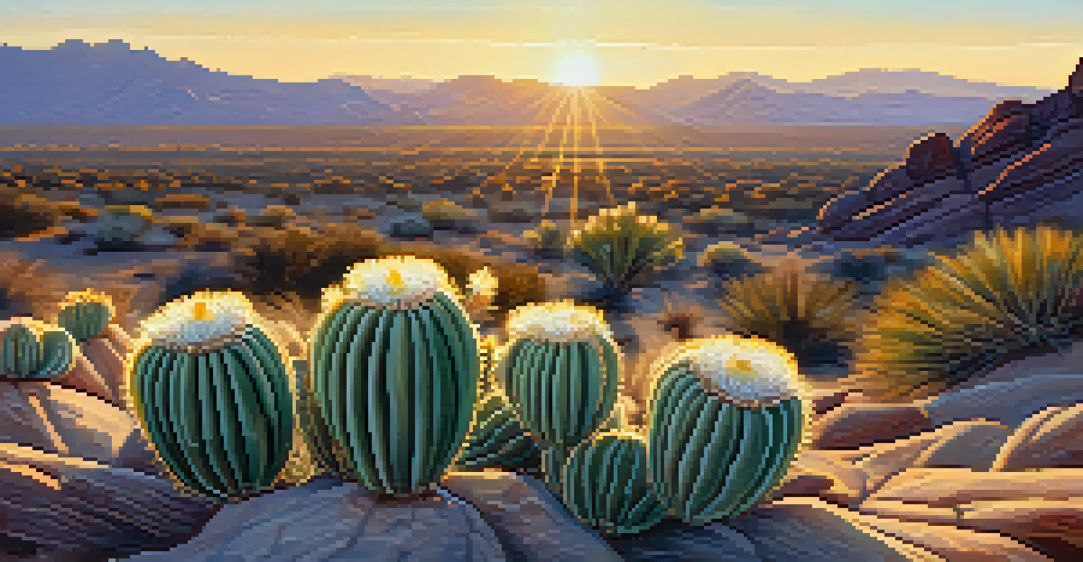Close-up of peyote cactus flowers blooming in a desert landscape at sunrise.