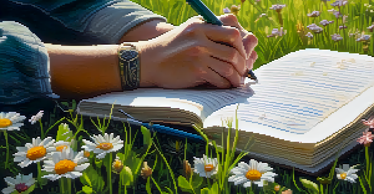 Close-up of hands writing in a journal surrounded by nature, with grass and flowers in the background.
