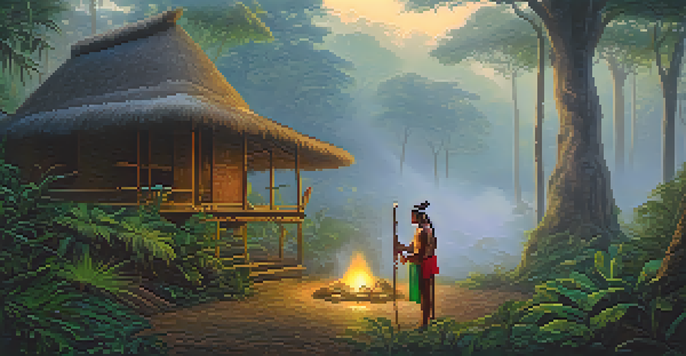 A peaceful Amazon rainforest at dawn with a shaman preparing for a ritual surrounded by vibrant plants and mushrooms.