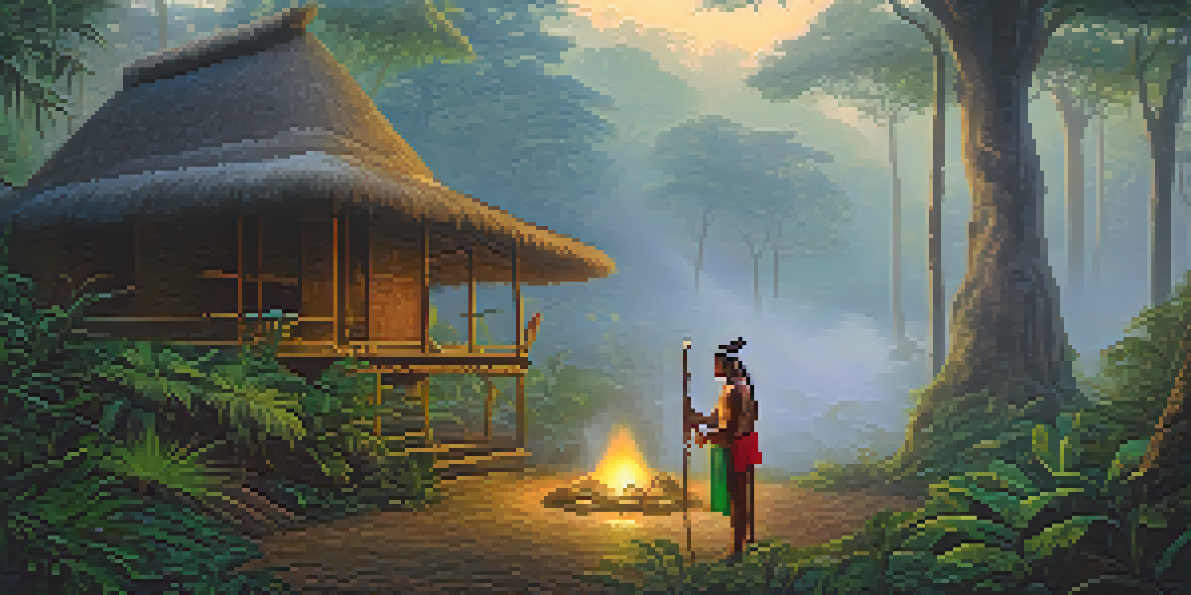 A peaceful Amazon rainforest at dawn with a shaman preparing for a ritual surrounded by vibrant plants and mushrooms.