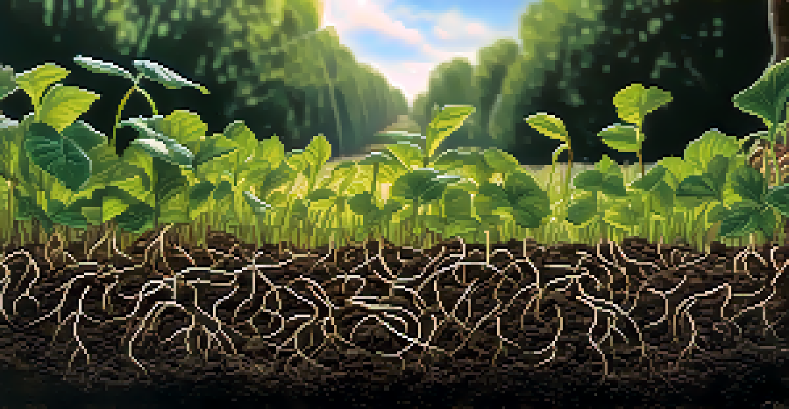 Close-up of dark, rich soil with roots and organic matter from decomposing cover crops, illuminated by sunlight.