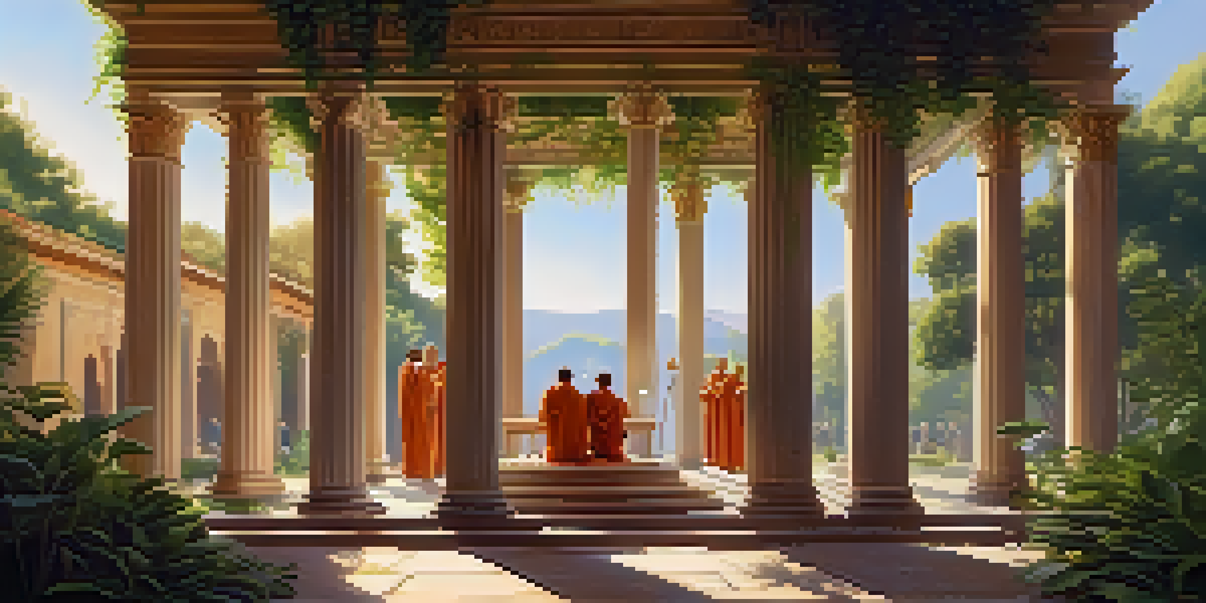 An ancient Roman temple with priests preparing sacred substances, surrounded by greenery and soft sunlight.