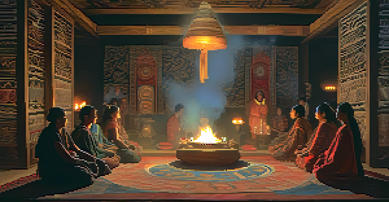 A shamanic ceremony scene with a central figure, candles, and warm lighting.
