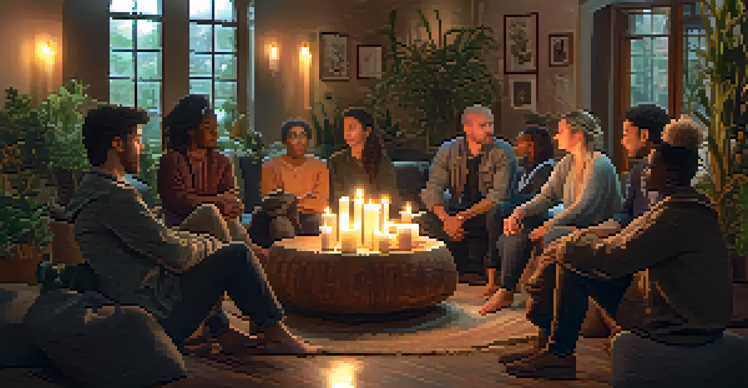 A warm indoor scene with diverse individuals in a circle, sharing emotions and support in a cozy setting.