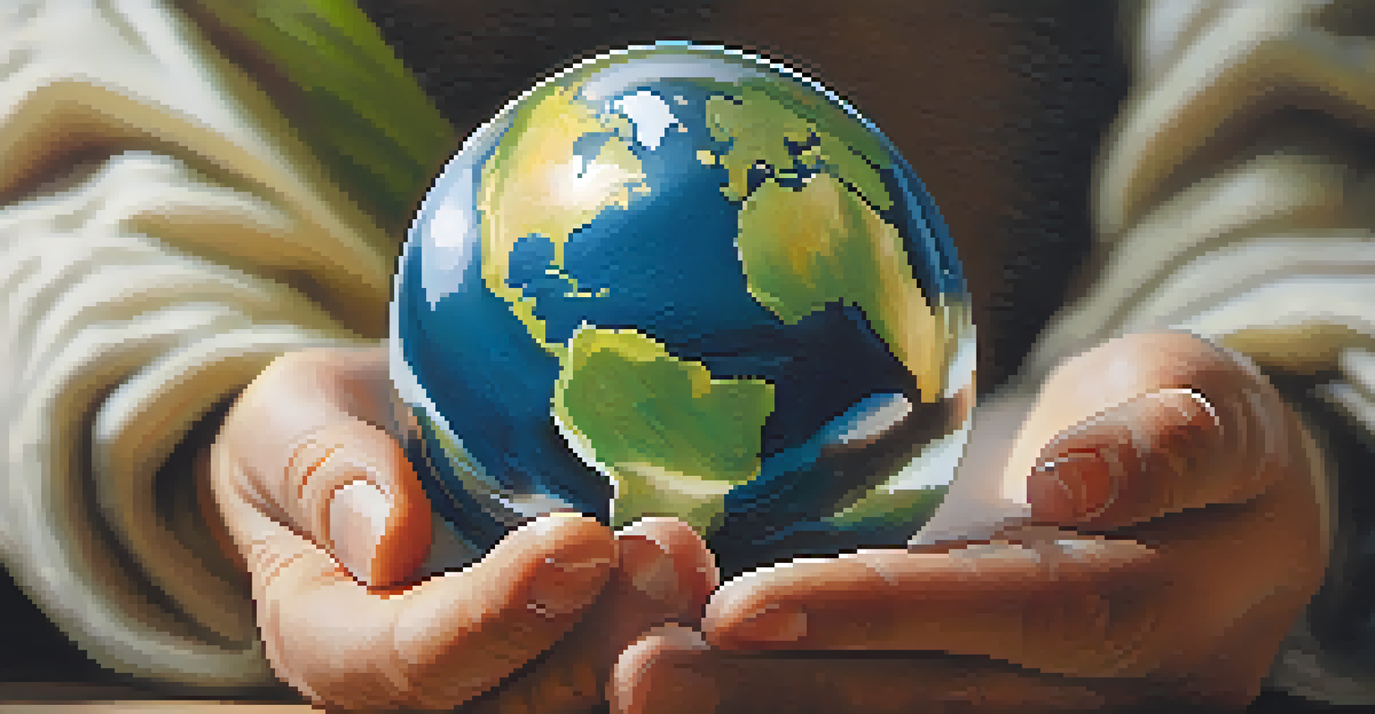 A close-up of hands holding a globe, symbolizing unity and harmony with the earth, surrounded by greenery.