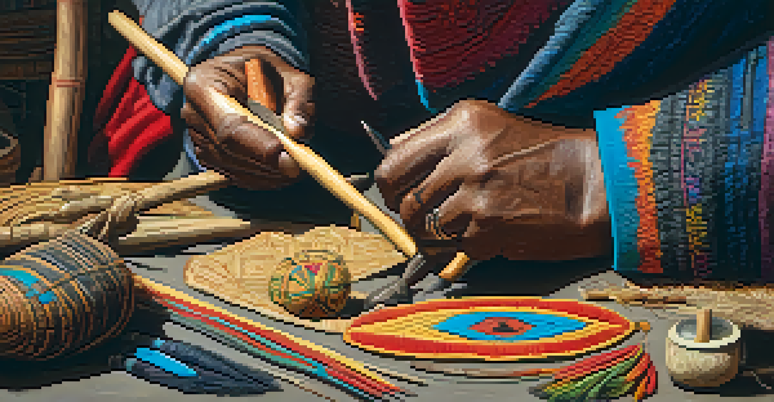 An Indigenous artisan making ceremonial tools with vibrant materials and intricate tattoos.