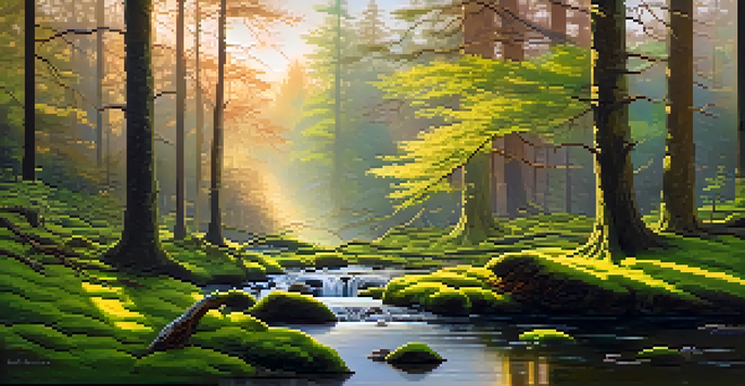 A tranquil forest landscape at dawn with sunlight filtering through trees and a stream reflecting the sunrise.